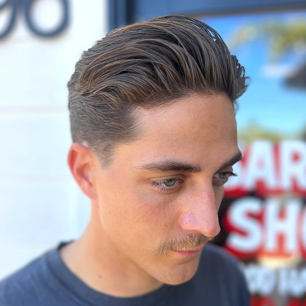 Brown Medium Slicked Back Wet Look — Winter Hairstyles for Men