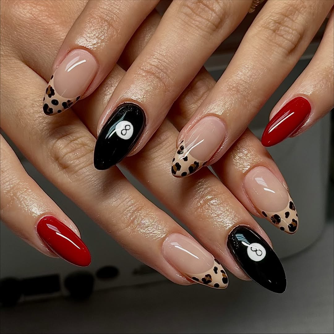 Medium Almond Leopard Print and 8-Ball — Cute Nail Designs