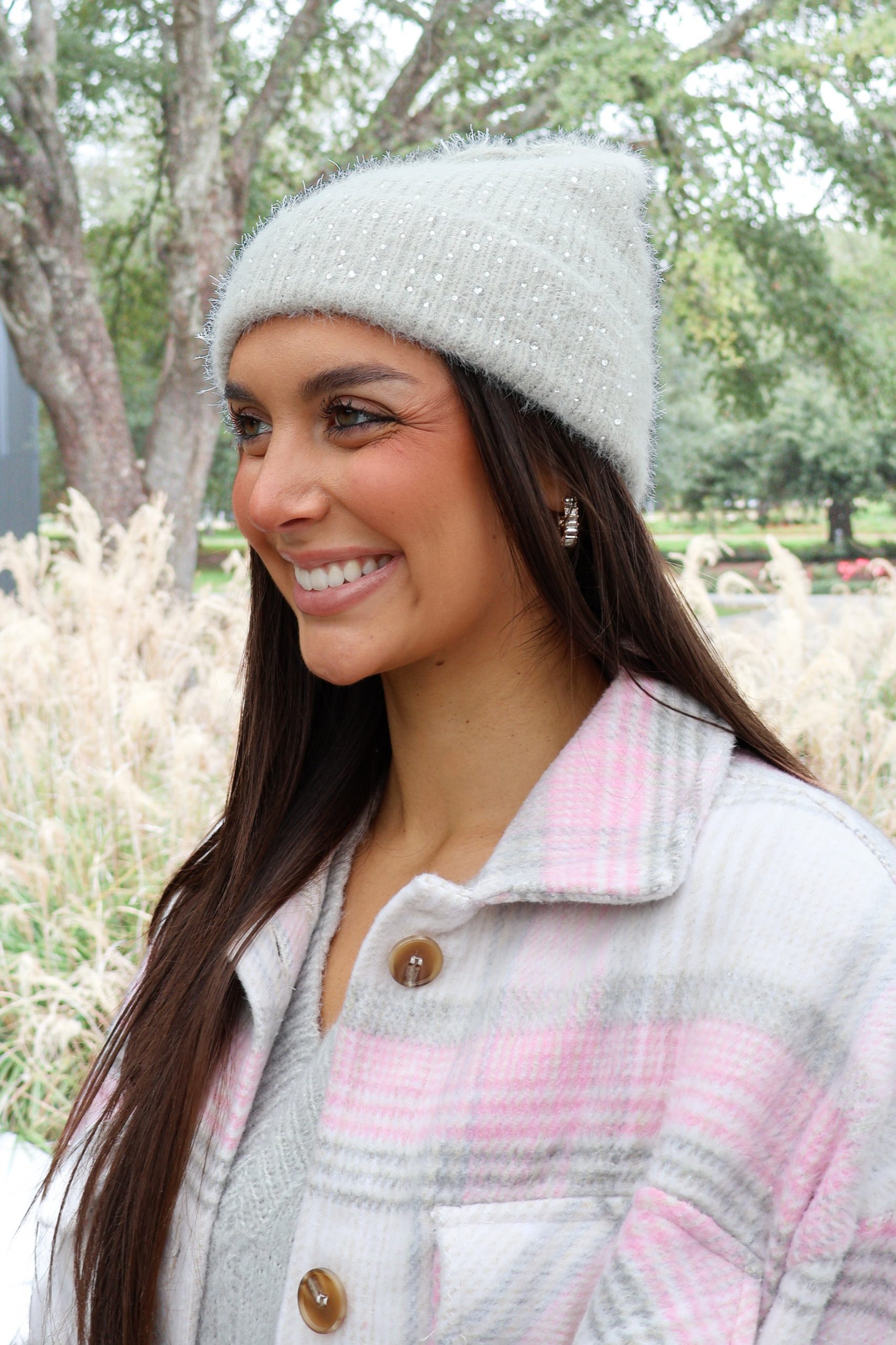 Sparkly Beanie with Plaid Shirt Jacket — Beanie Outfits