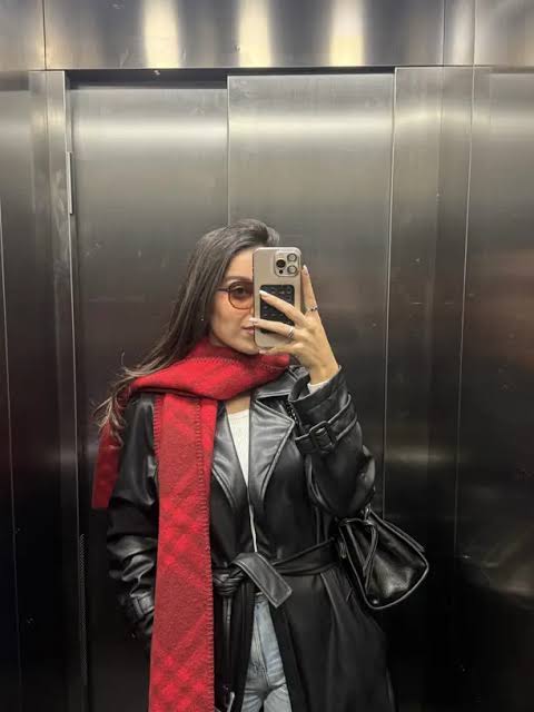 Black Leather Coat with Red Plaid Scarf and Jeans Black Leather Coat with Red Plaid Scarf and Jeans — Baddie Winter Outfits