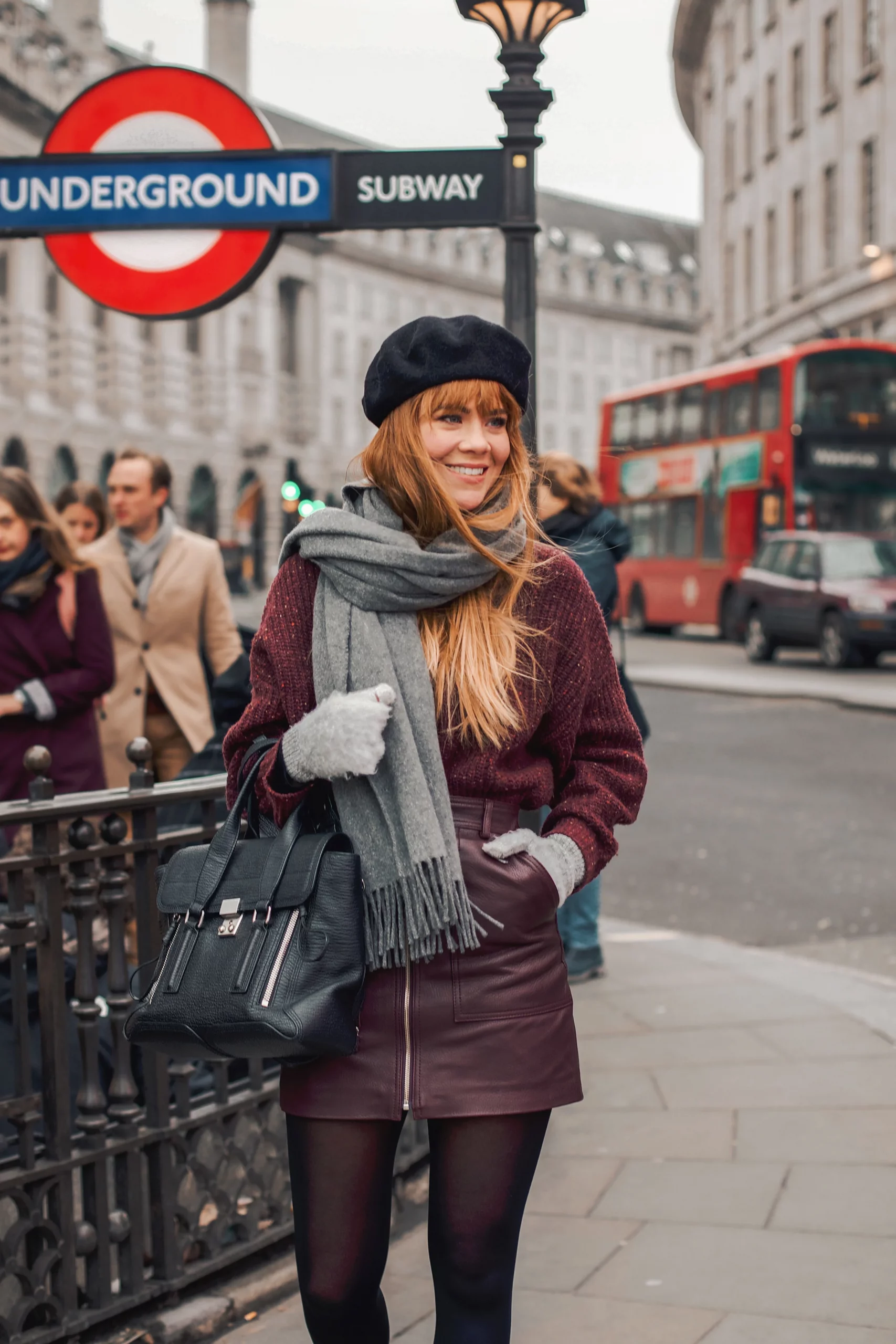 Burgundy Knit Sweater and Leather Skirt for a Stylish Casual Look Burgundy Knit Sweater and Leather Skirt for a Stylish Casual Look — London Winter Outfits