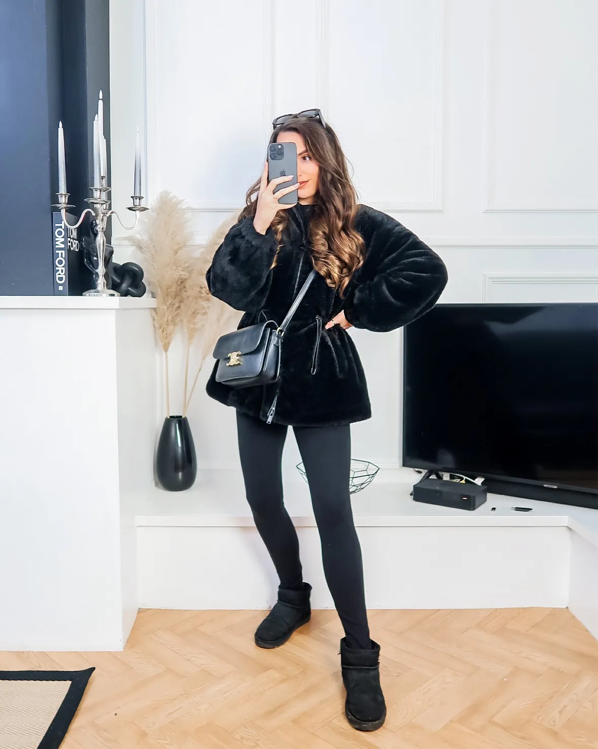Monochromatic Glam: Black Uggs with Faux Fur Jacket — Ugg Boots Outfits