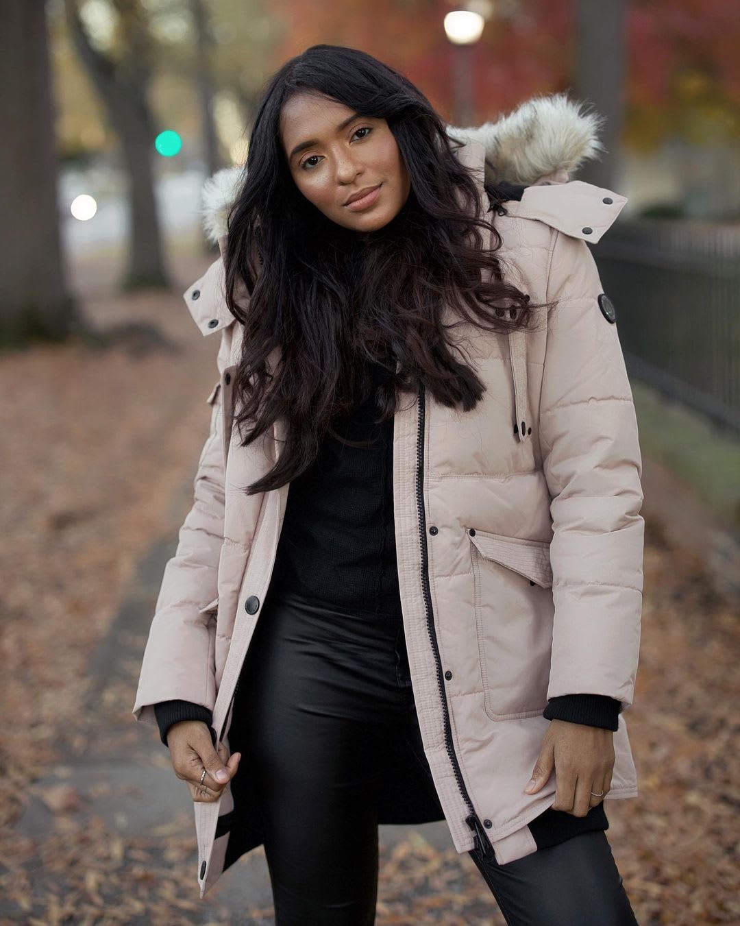 Pale Pink Puffer with Faux Fur Hood and Leather Pale Pink Puffer with Faux Fur Hood and Leather — Winter Puffer Jacket Outfits