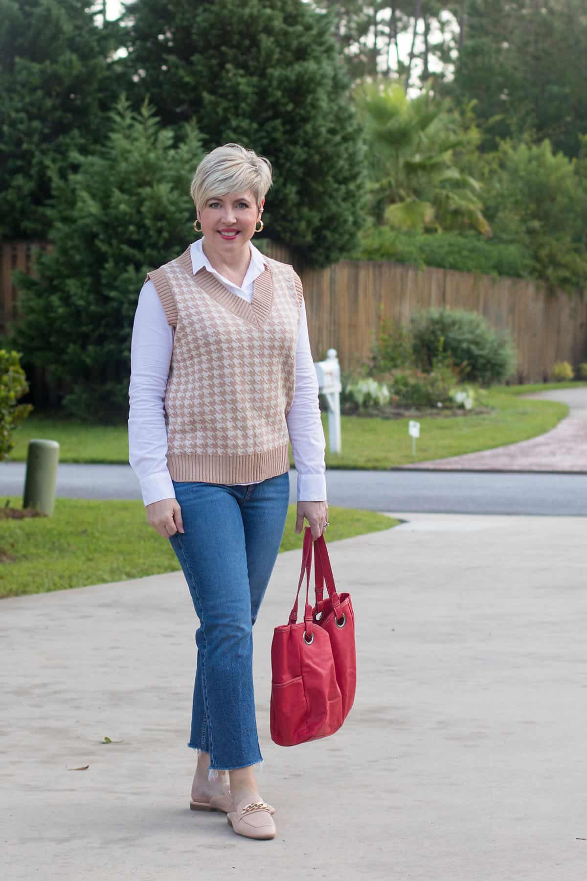 Argyle Knit Vest with Blue Jeans — Winter Outfits for Women Over 60