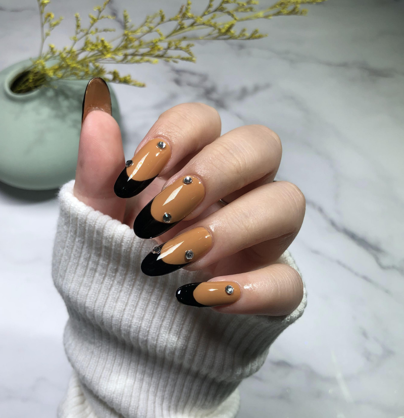 Brown Black French Tip Rhinestone Nails — Brown Nail Designs