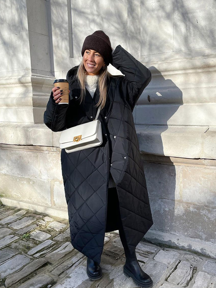 Long Puffer Coat Cream Knit Sweater Floor-Length Quilted Black Puffer Coat — Long Puffer Coat Outfits
