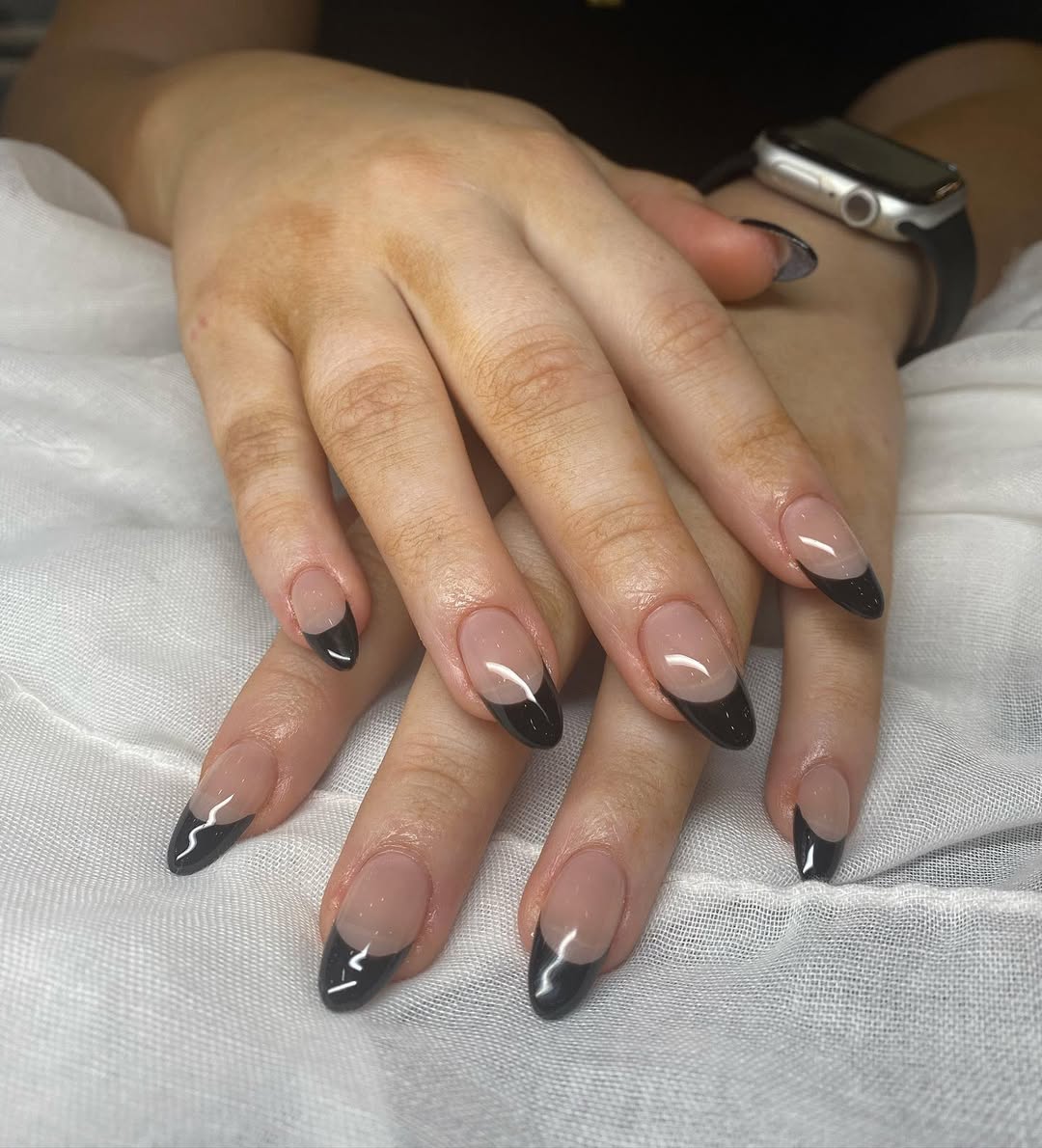 Glossy Sharp Black French Tips on Stilettos Glossy Sharp Black French Tips on Stilettos — Black Nail Ideas