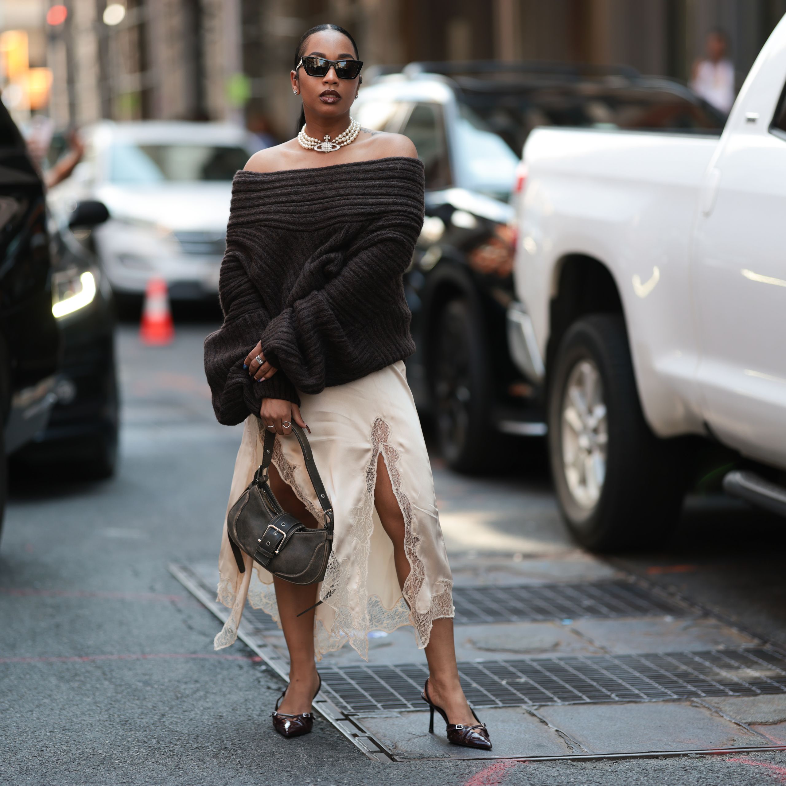 Oversized Knit Sweater Over Satin Slip Dress — Winter to Spring Transition Outfits