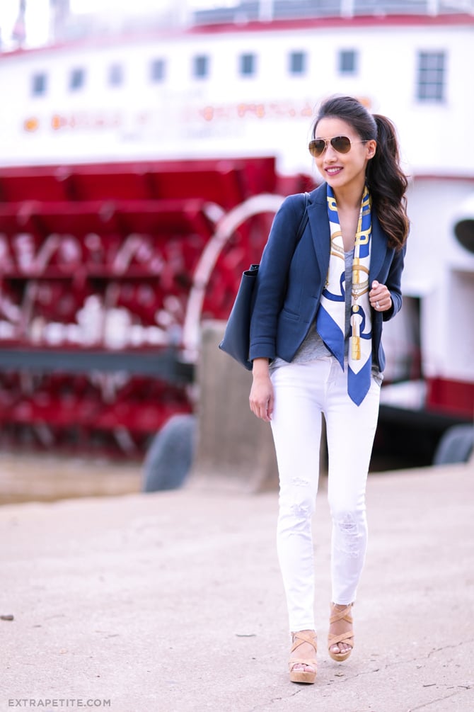 Blue and Yellow Silk Scarf Adds a Bright Pop to Navy Blazer Outfit — Scarf Outfits