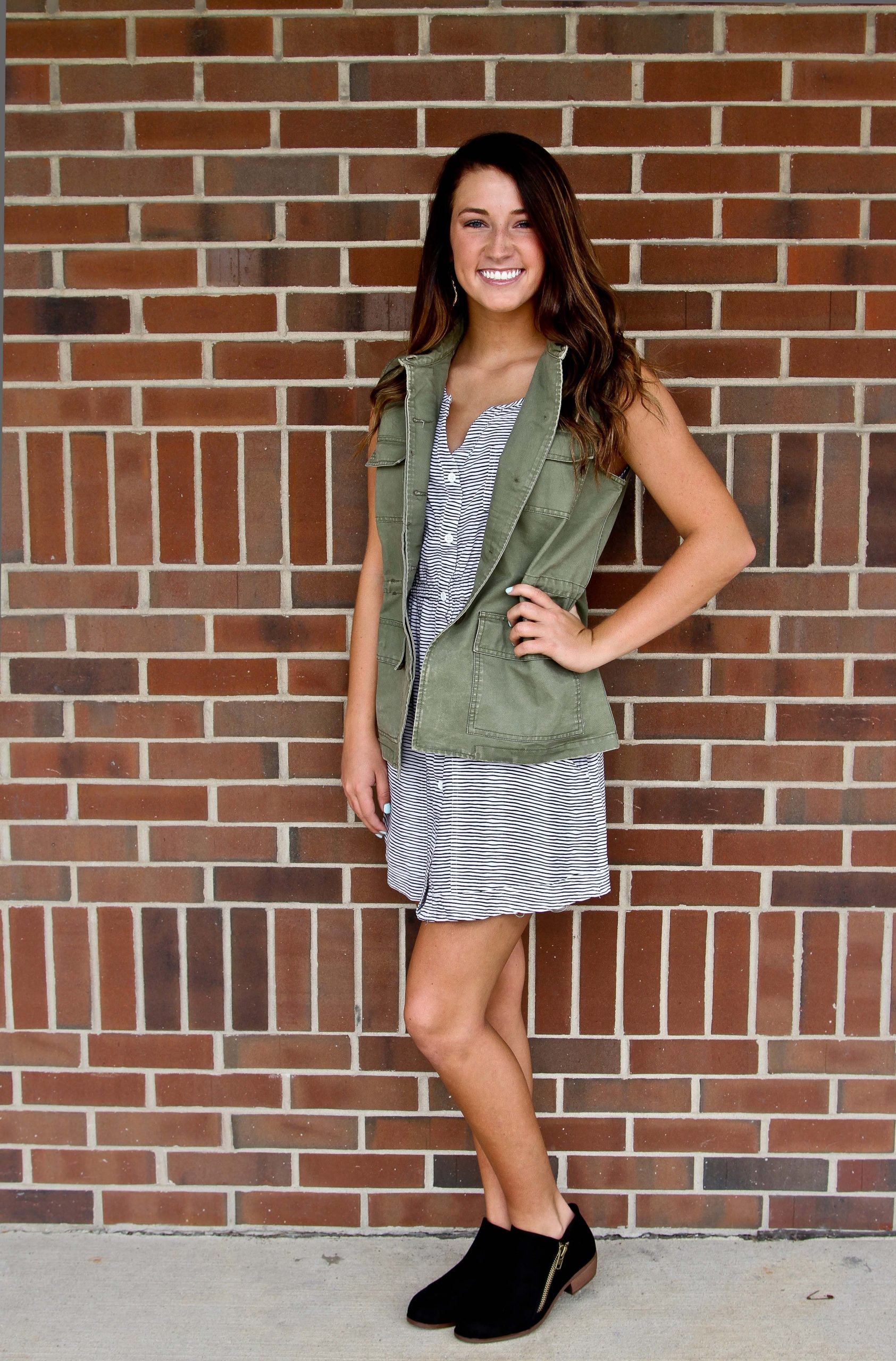 Striped Mini Dress with Utility Vest and Black Ankle Boots Striped Mini Dress with Utility Vest and Black Ankle Boots — Ankle Boots Outfits