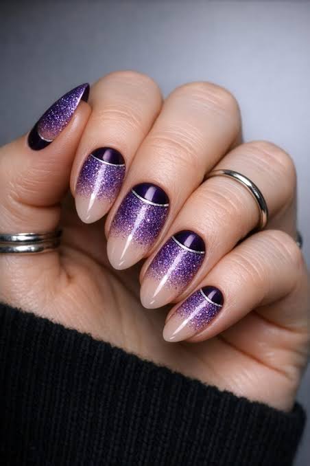 Nude to Purple Glitter Gradient Almonds — Winter Purple Nails