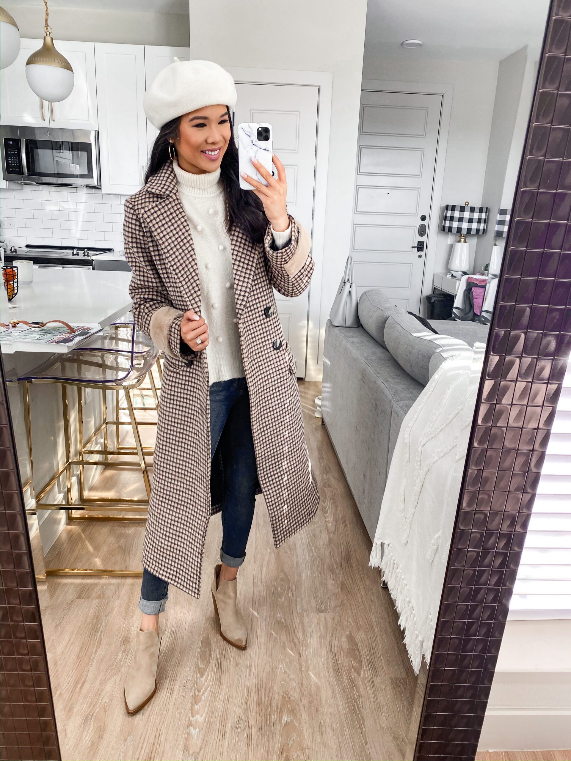 Plaid Wool Coat with Cable-Knit and Beret — Wool Coat Outfits