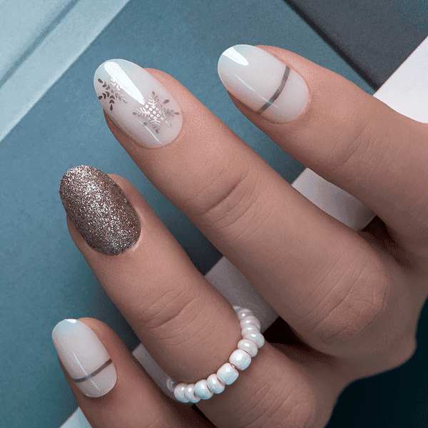 Off-White Snowflake Decals and Metallic Lines — Winter Acrylic Nails
