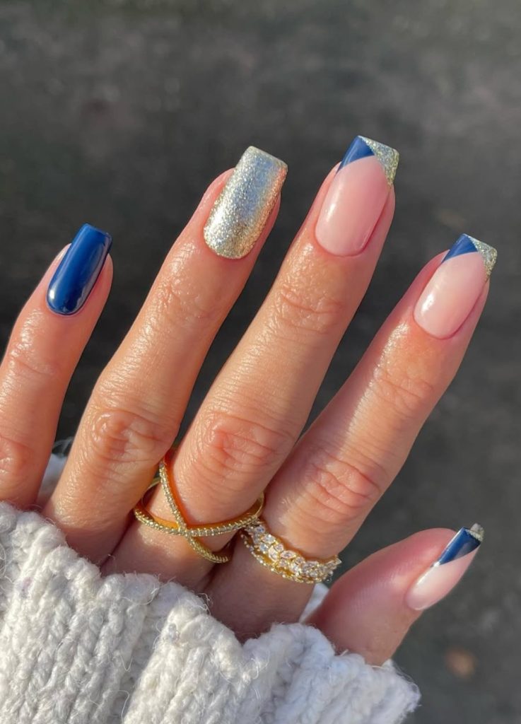 Sheer Pink Base Navy Blue Gold Glitter Visual Idea Sheer Pink Base Navy Blue Gold Glitter Visual Idea — Winter Vacation Nails
