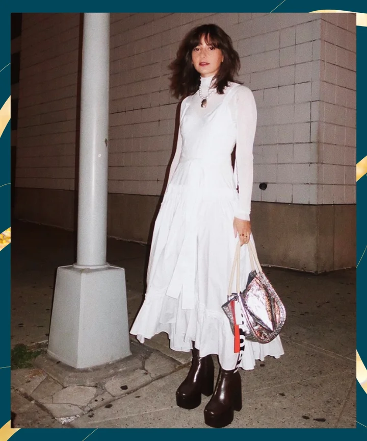 Tiered White Dress Over Turtleneck: Modern Layers for a Cool-Weather Party — Winter Party Outfits