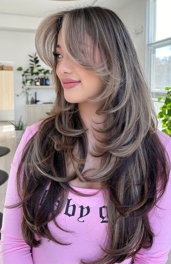 Shoulder Layered Shag With Full Bangs and Ash Highlights — Ash Brown Hair
