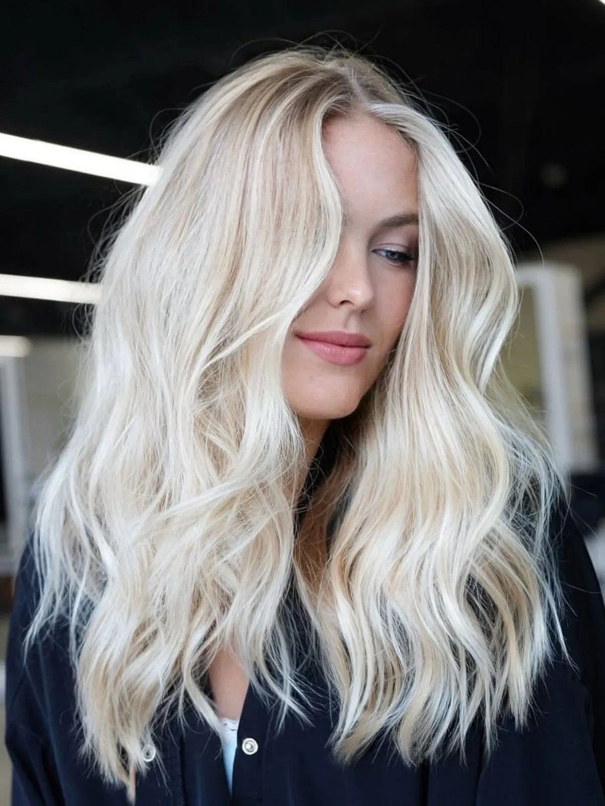 Thick Wavy Ash Platinum Blonde Blowout — Winter Hair Colors for Blue Eyes