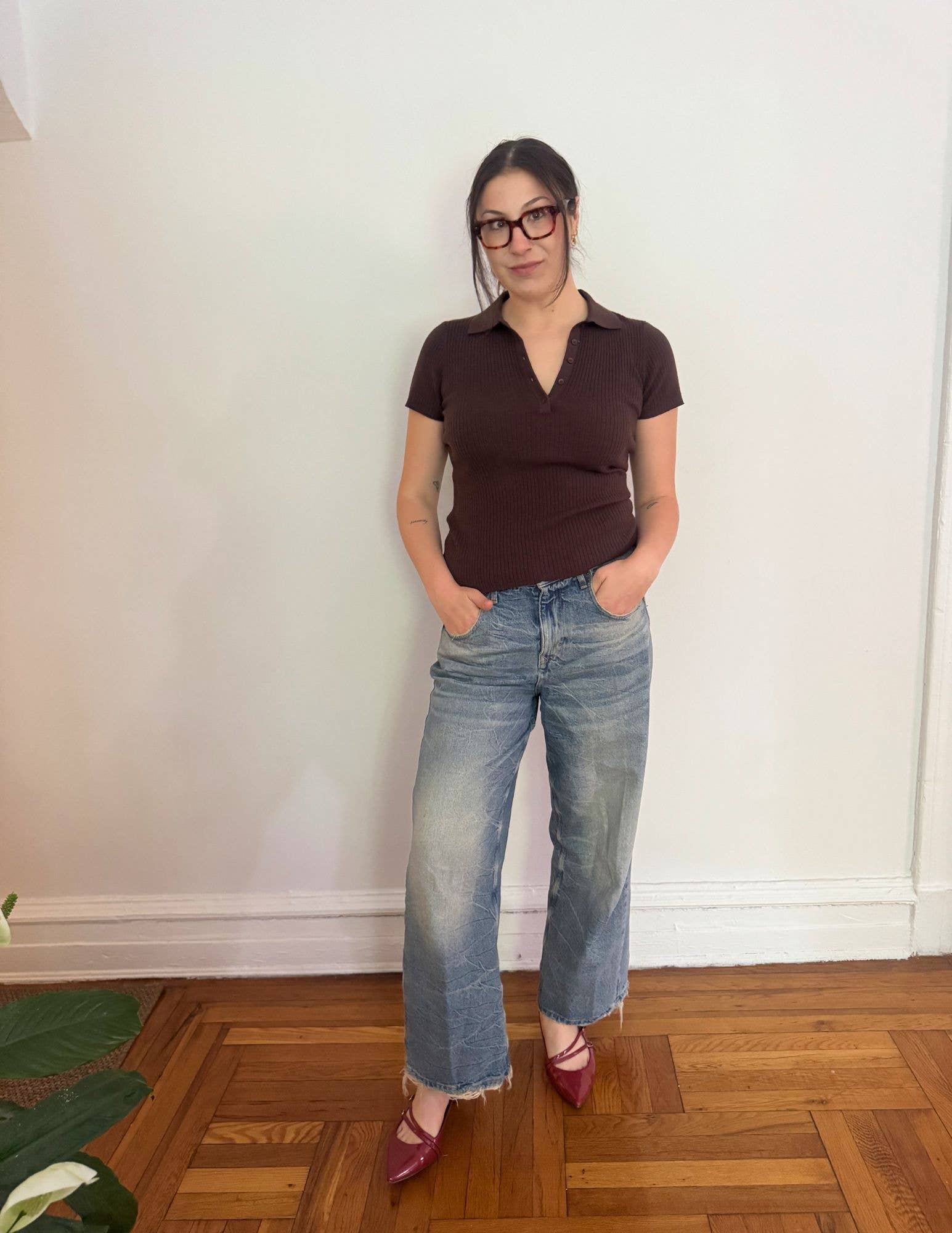 Chocolate Brown Ribbed Knit Top with Wide-Leg Jeans for Casual Style Chocolate Brown Ribbed Knit Top with Wide-Leg Jeans for Casual Style — Chocolate Brown Outfits
