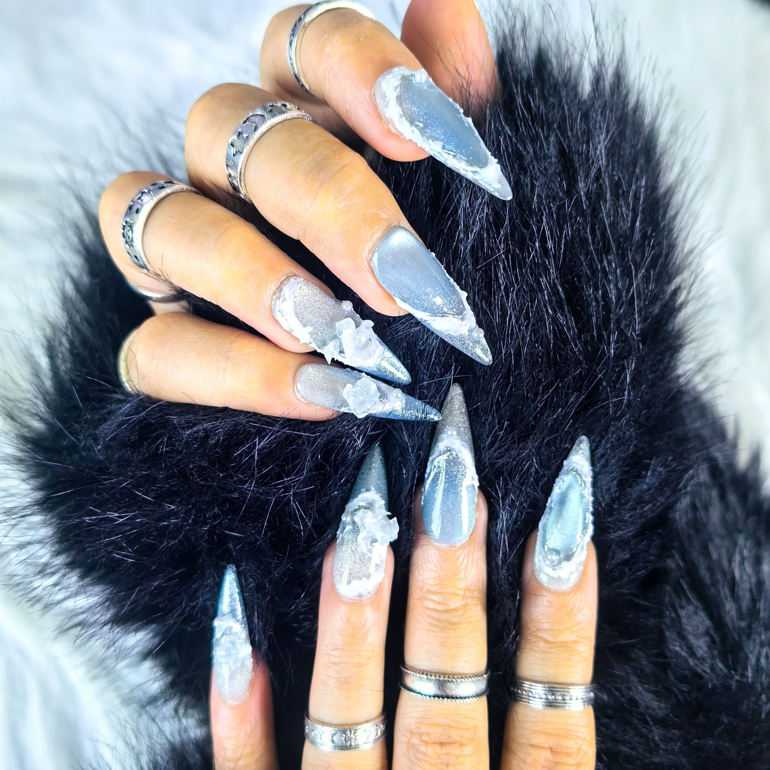 3D Ice-Like Elements And Glitter Visual Idea — Winter Stiletto Nails