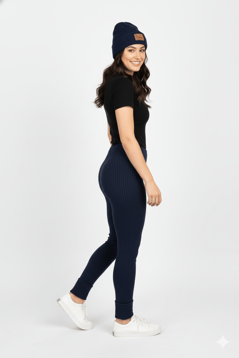 Navy Ribbed Beanie with Matching Ribbed Leggings — Beanie Outfits