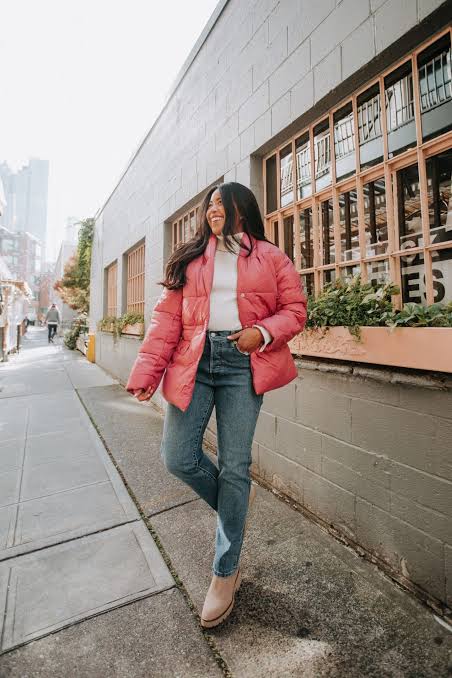 Bright Pink Puffer with White Turtleneck and Jeans Bright Pink Puffer with White Turtleneck and Jeans — Winter Puffer Jacket Outfits