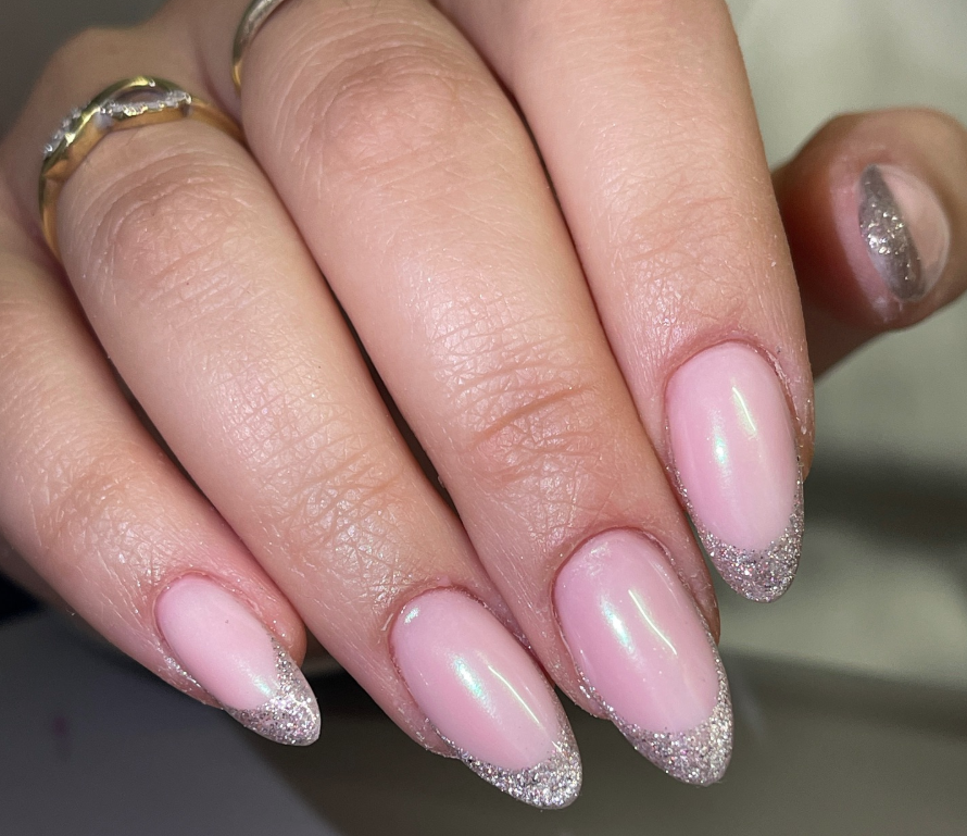 Pale Pink Glitter French Oval Nails — Winter Glitter Nails