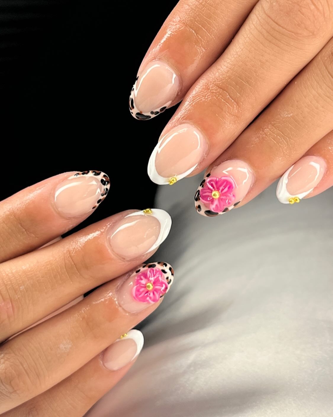 3D Floral Leopard French Almond Nails 3D Floral Leopard French Almond Nails — Almond Nail Inspo