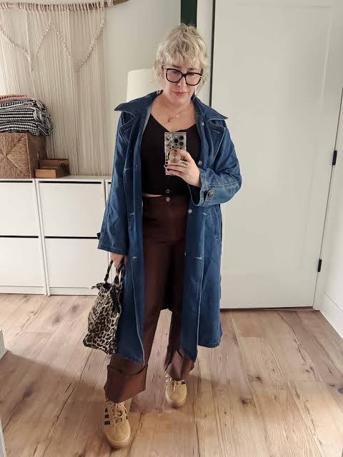 Blue Denim Long Coat with Brown Top and Trousers — Long Coat Outfits