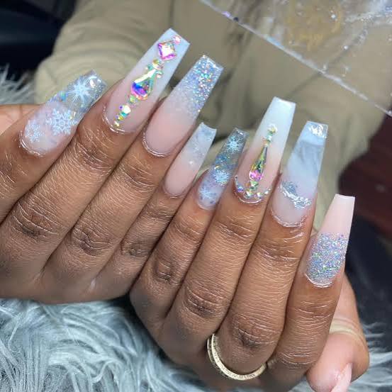 Nude Ombre Rhinestone & Gem Coffins — Winter Acrylic Nail Colors