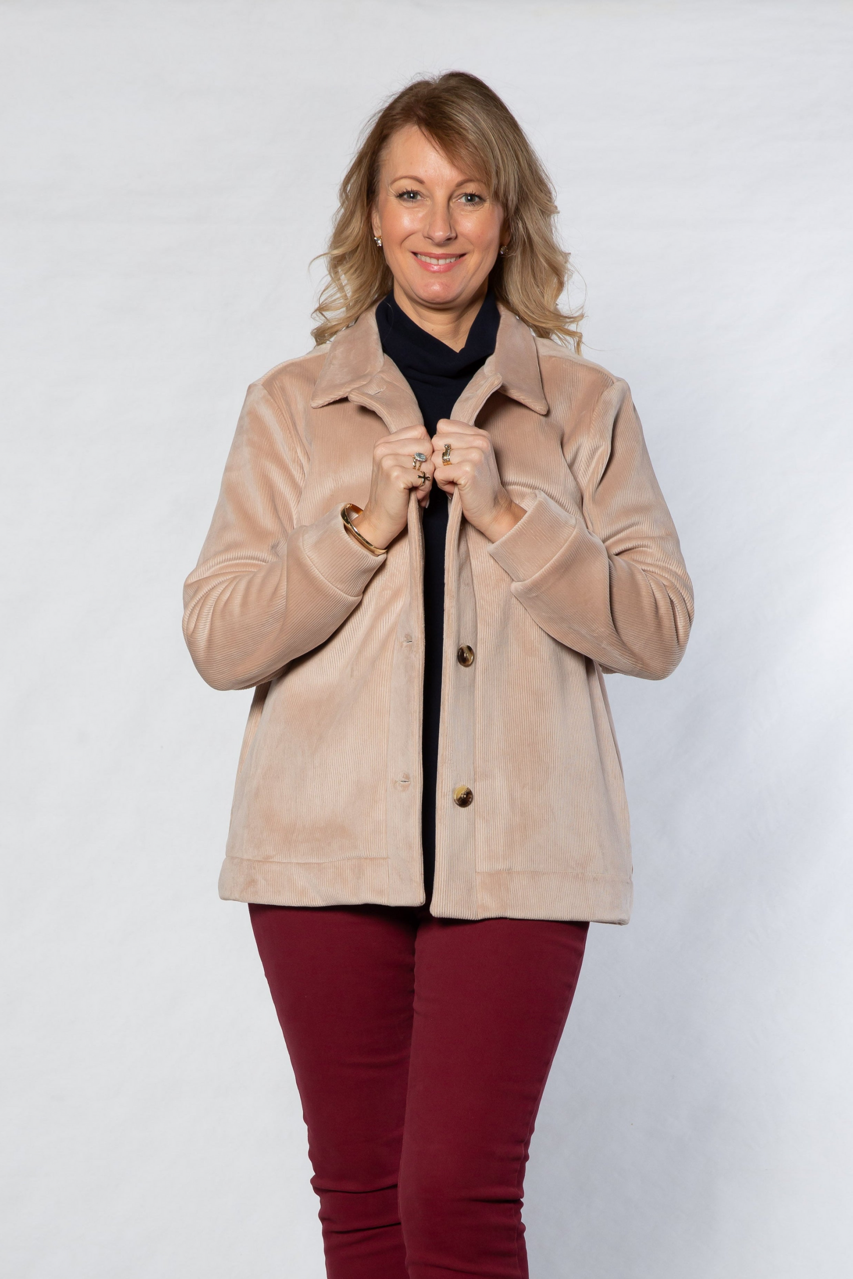 Corduroy Jacket and Burgundy Trousers — Winter Outfits for Women Over 60
