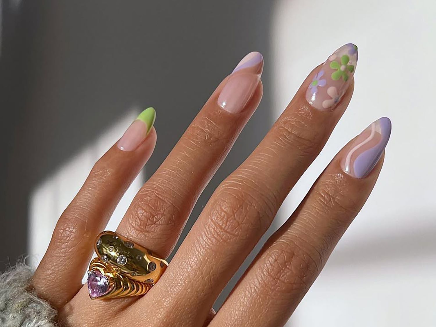 Glossy Long Almond Wavy Lines and Flowers — Winter to Spring Transition Nails