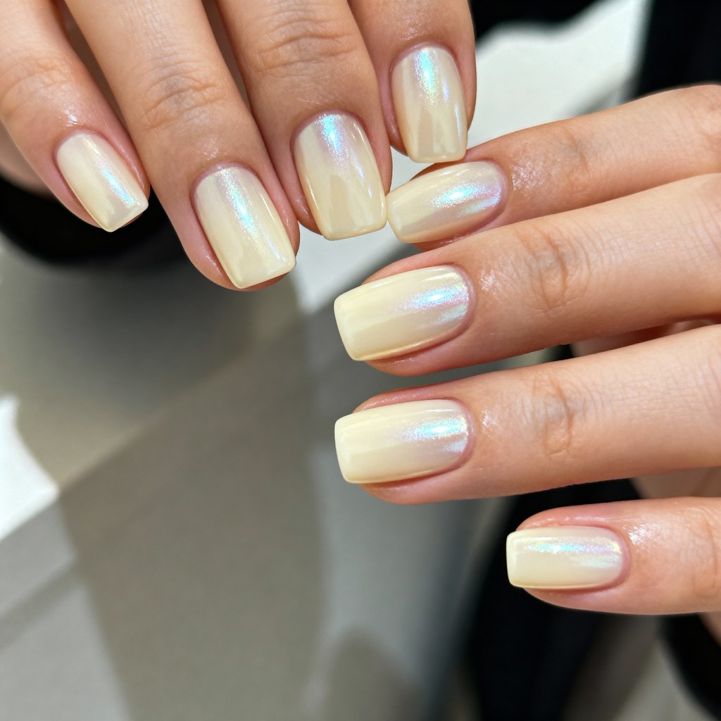 Pale Creamy Yellow with Iridescent Shimmer Pale Creamy Yellow with Iridescent Shimmer — Everyday Winter Nails