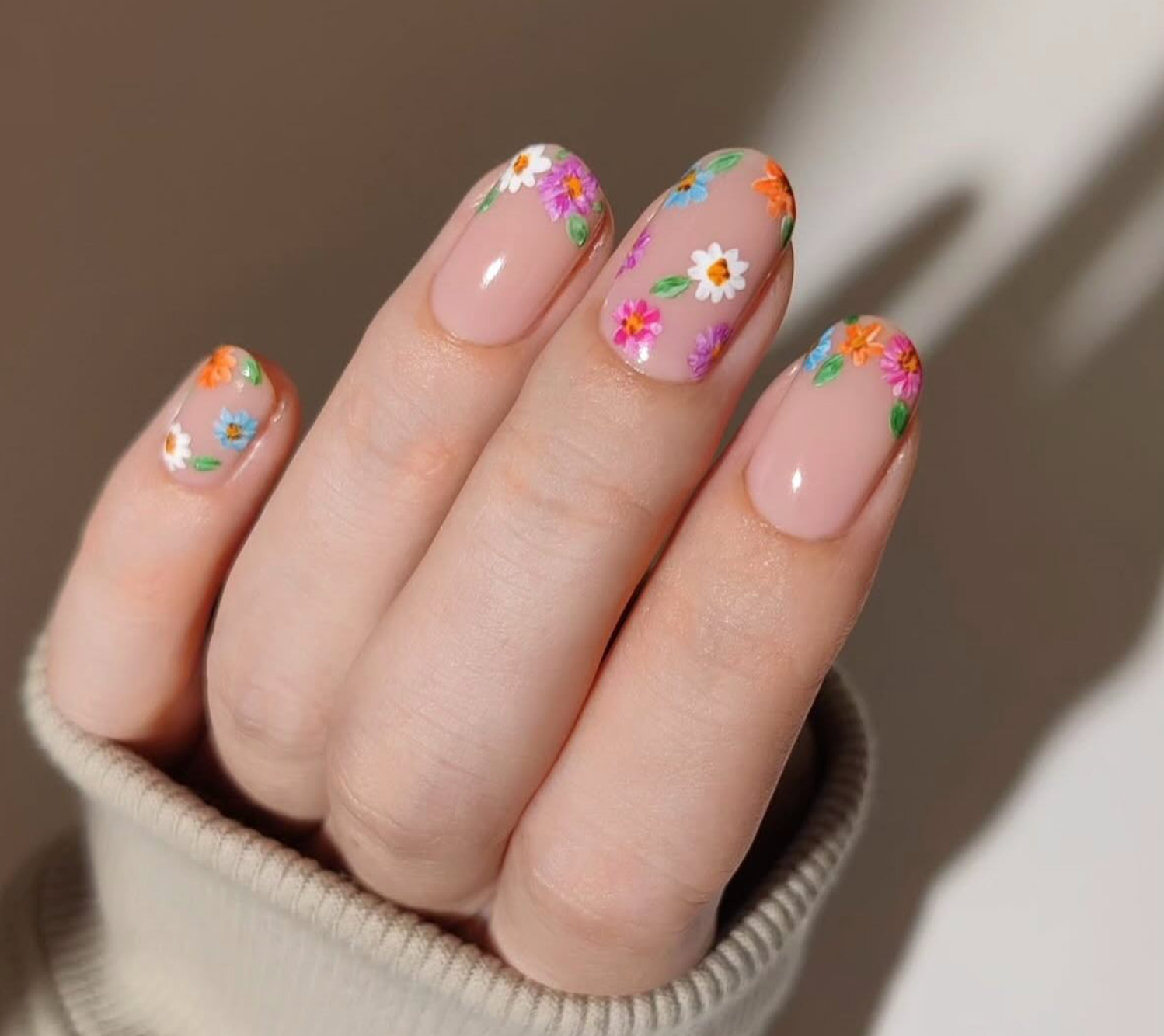 Short Oval Nude with Cuticle Floral Art — Cute Nail Designs