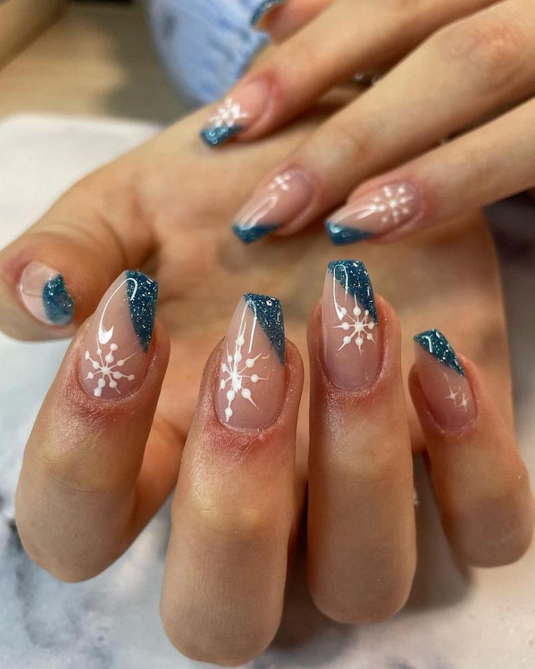 Sheer Pink with Blue Glitter French Tips — Winter Blue Nails