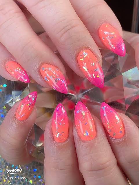 Pink to Orange Glitter Ombre Stiletto Nails Pink to Orange Glitter Ombre Stiletto Nails — Ombre Nail Designs