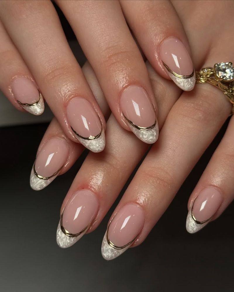 Wedding Elegant Sheer Pink Gold Line French Almond Nails Wedding Elegant Sheer Pink Gold Line French Almond Nails — Almond Nail Designs