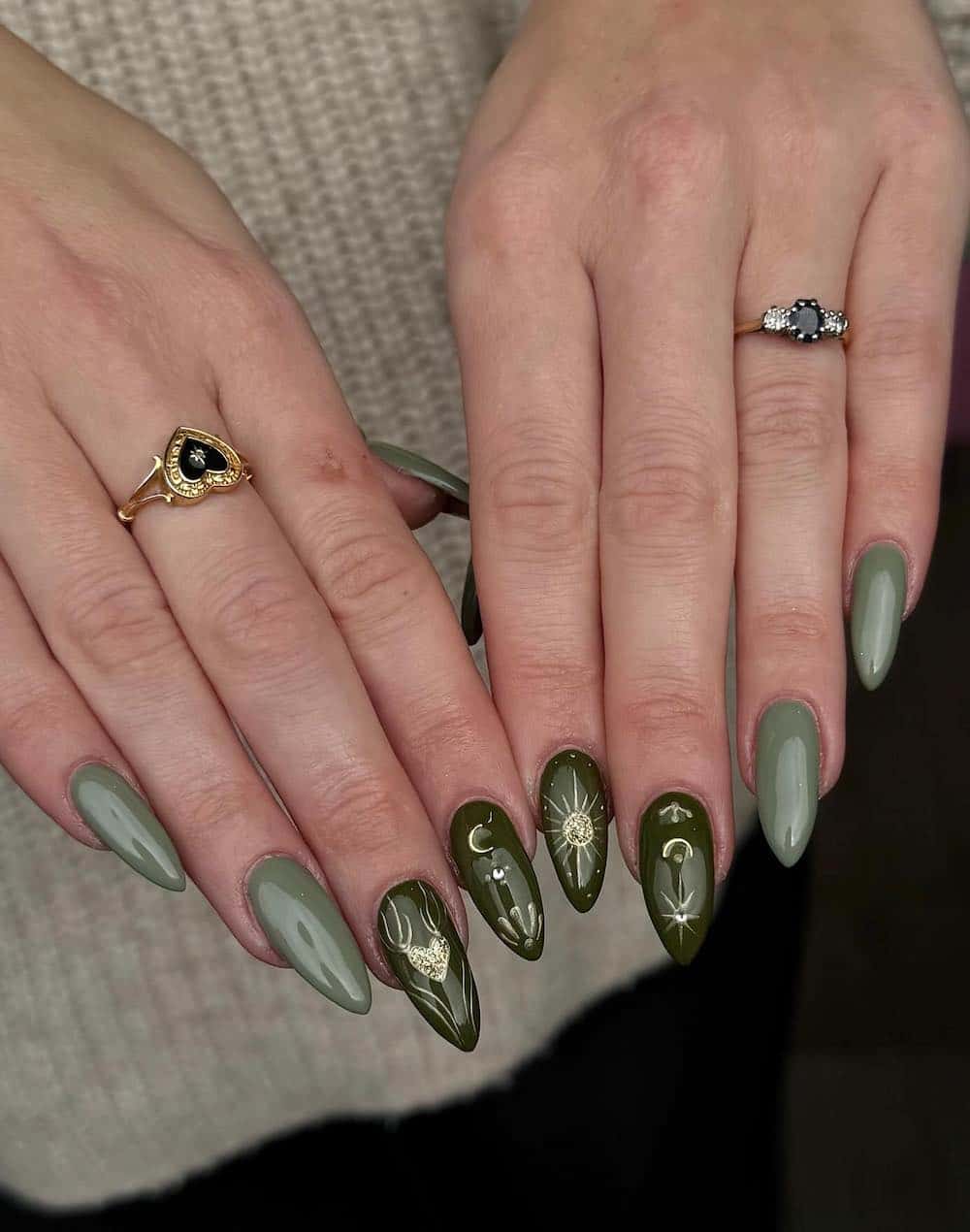 Olive Green with Celestial Motifs Olive Green with Celestial Motifs — Green Nail Designs