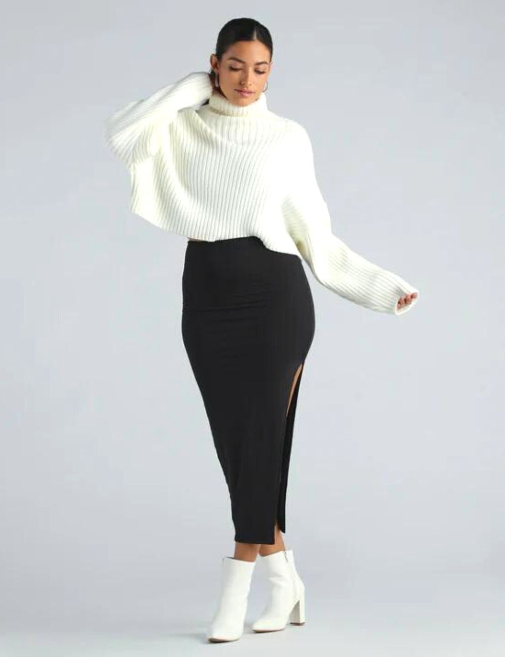 White Cropped Turtleneck with High-Slit Skirt — Turtleneck Outfits