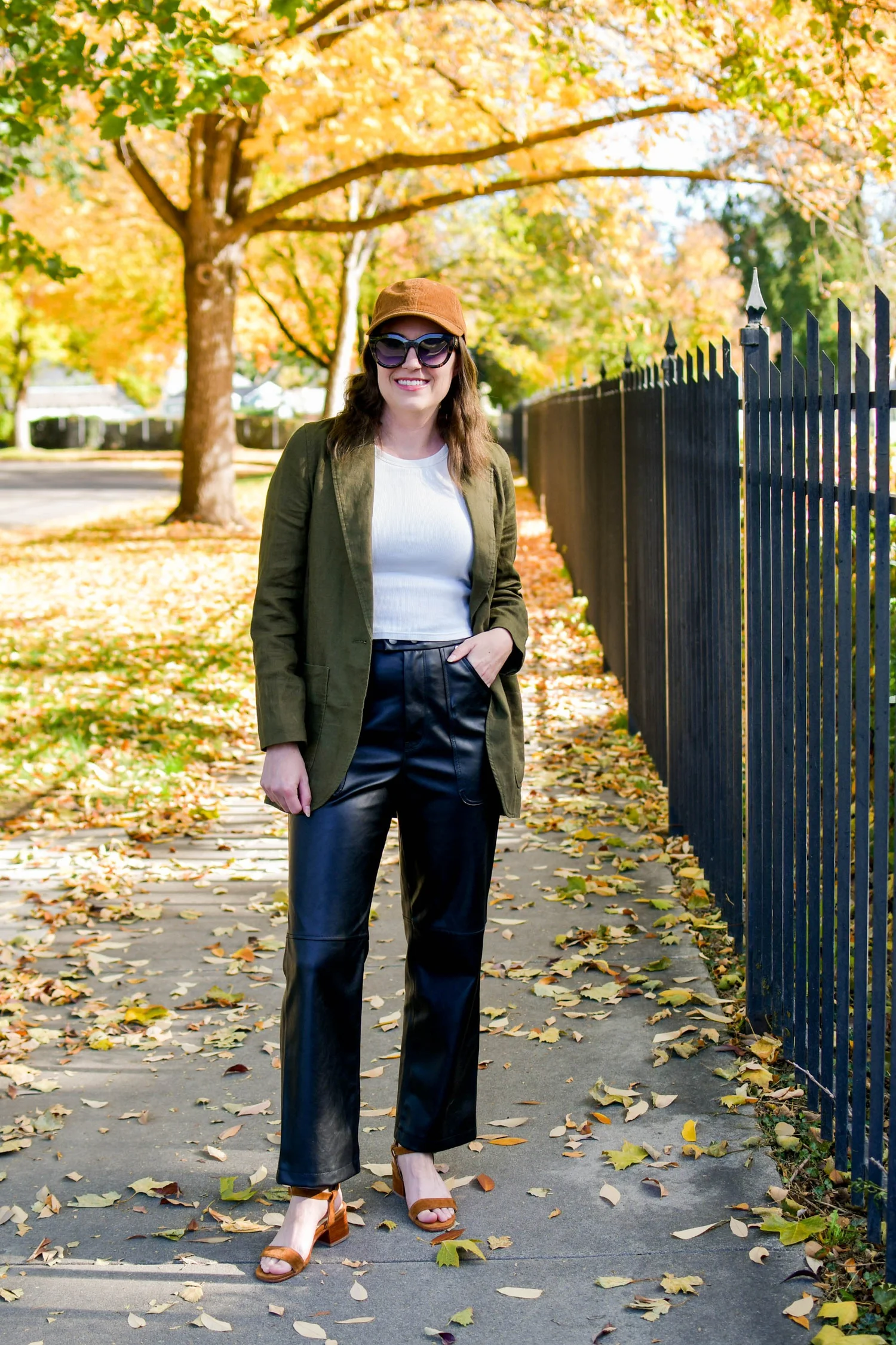 Olive Green Blazer and White Tee with Wide-Leg Leather Olive Green Blazer and White Tee with Wide-Leg Leather — Leather Pants Outfits