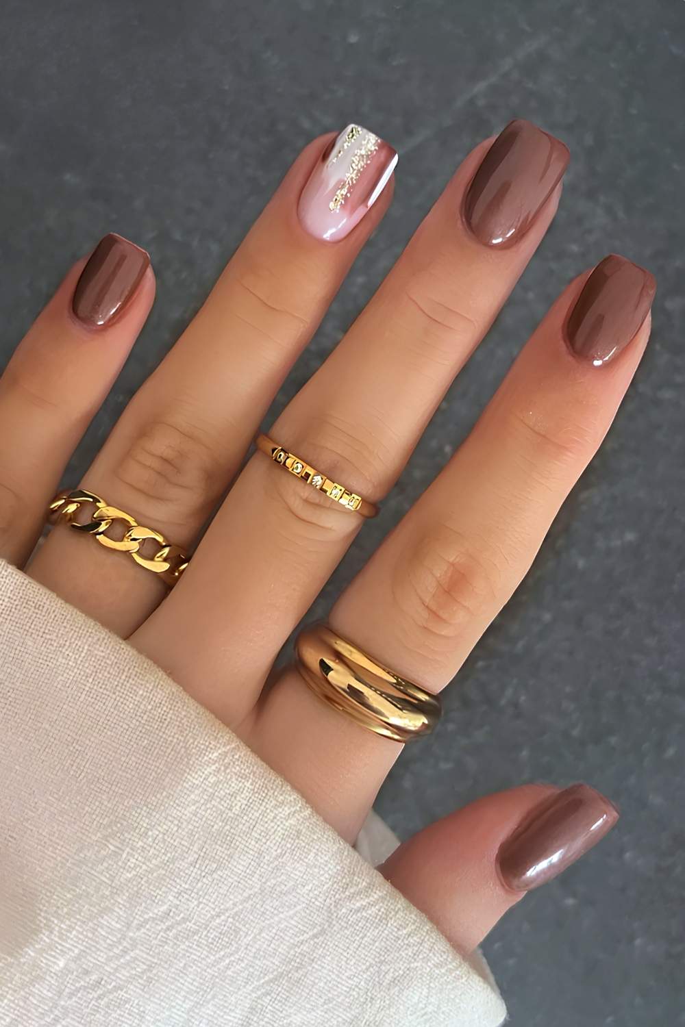 Brown Nails with Gold Foil Accent — Brown Nail Designs
