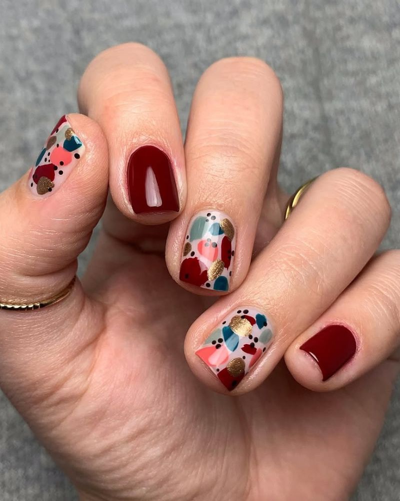 Abstract Burgundy with Teal and Coral Abstract Burgundy with Teal and Coral — Burgundy Nails