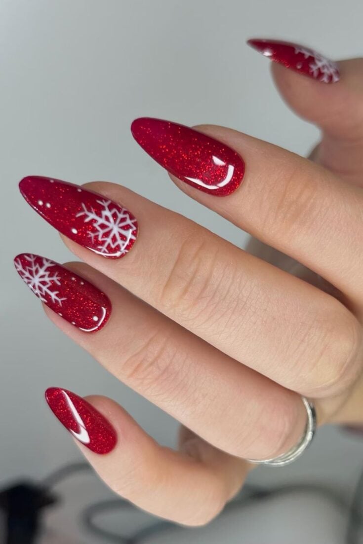 Glitter Red Stilettos with Snowflakes — Winter Red Nails