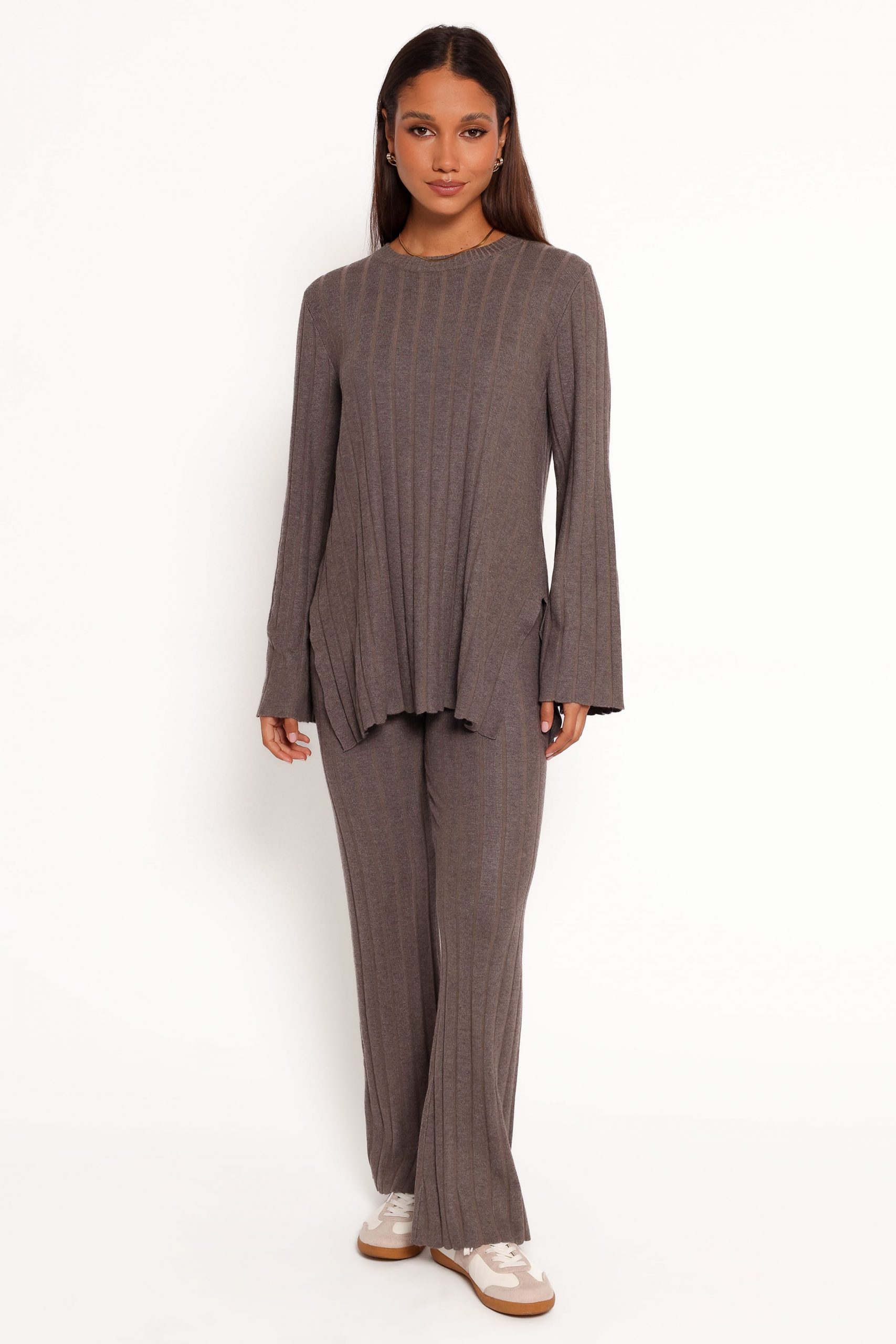 Charcoal Grey Ribbed Knit Set with Flared Cuffs Charcoal Grey Ribbed Knit Set with Flared Cuffs — Knit Set Outfits