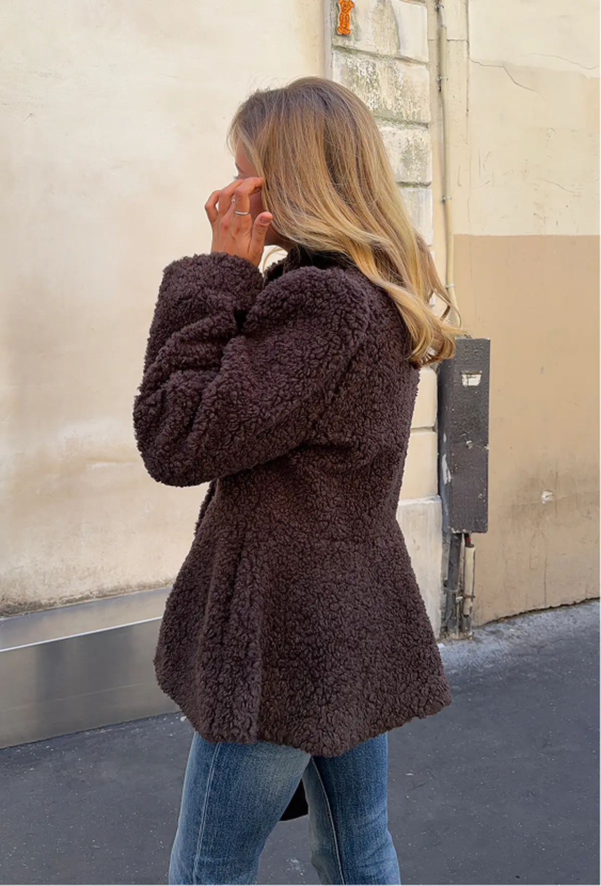 Brown Teddy Fleece Jacket with Flared Hem for Feminine Casual — Winter Jackets for Women