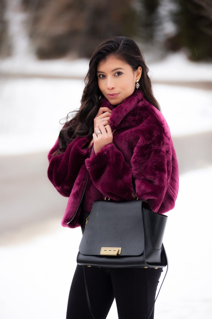 Vibrant Purple Faux Fur Jacket with Black Trousers — Faux Fur Coat Outfits