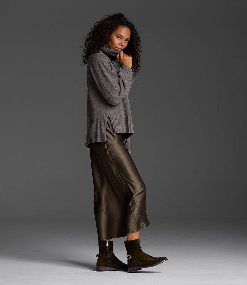 Dark Green Suede Ankle Boots with Satin Midi Skirt and Turtleneck — Suede Boots Outfits