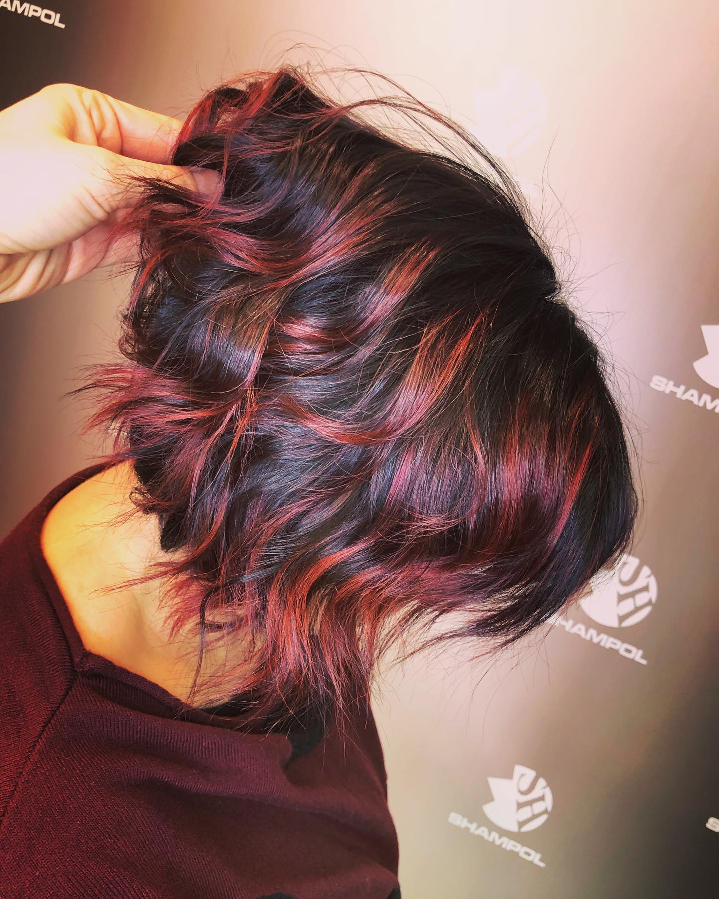 Chin-Length Bob With Cherry Highlights — Cherry Cola Hair Color