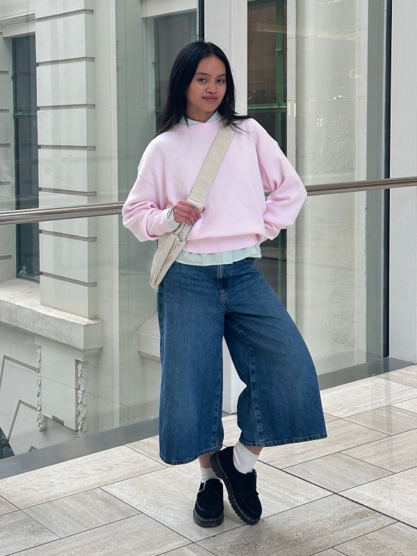 Pink Sweater Over Collared Shirt with Wide-Leg Denim Culottes Pink Sweater Over Collared Shirt with Wide-Leg Denim Culottes — Sweater Outfits