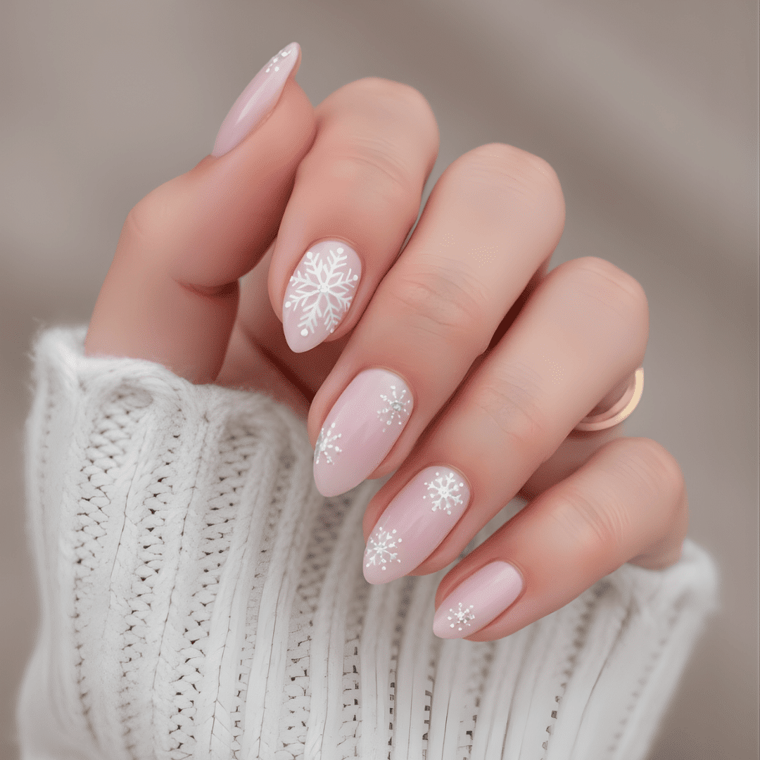Pale Pink Snowflake Glitter Almond Nails — Winter Glitter Nails