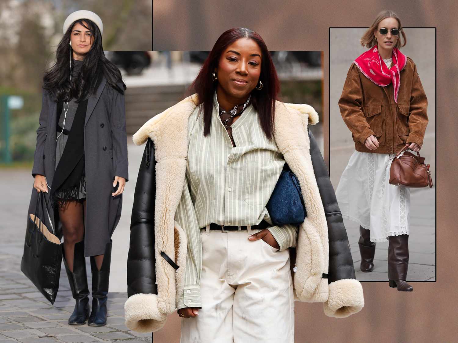 Long Grey Trench Coat Over Black Mini Dress and Tights — Winter to Spring Transition Outfits